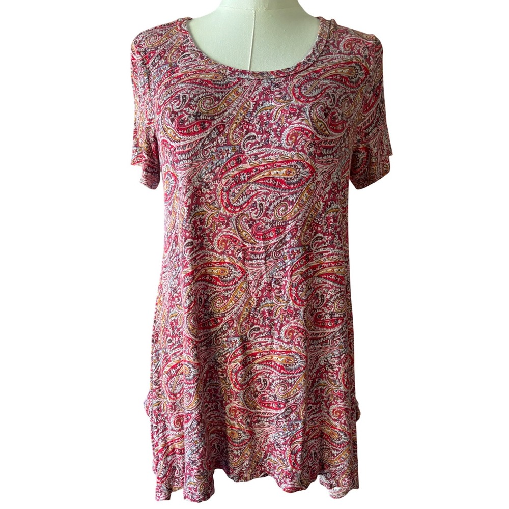 Bishuige Womens Red Paisley Short Sleeve swing Dress Size M Scoop Neck Boho